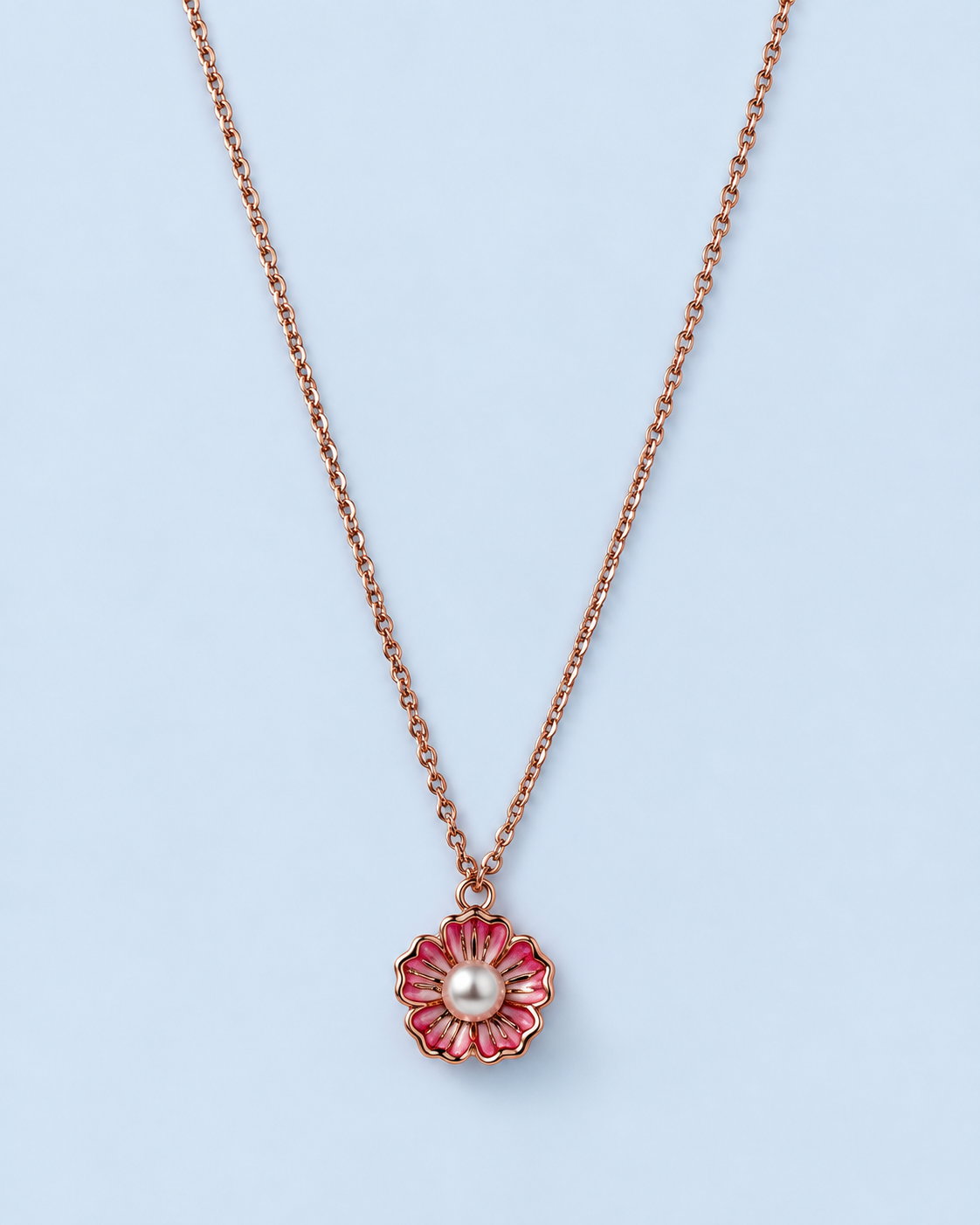 Pink Enamel Flower Pearl Necklace