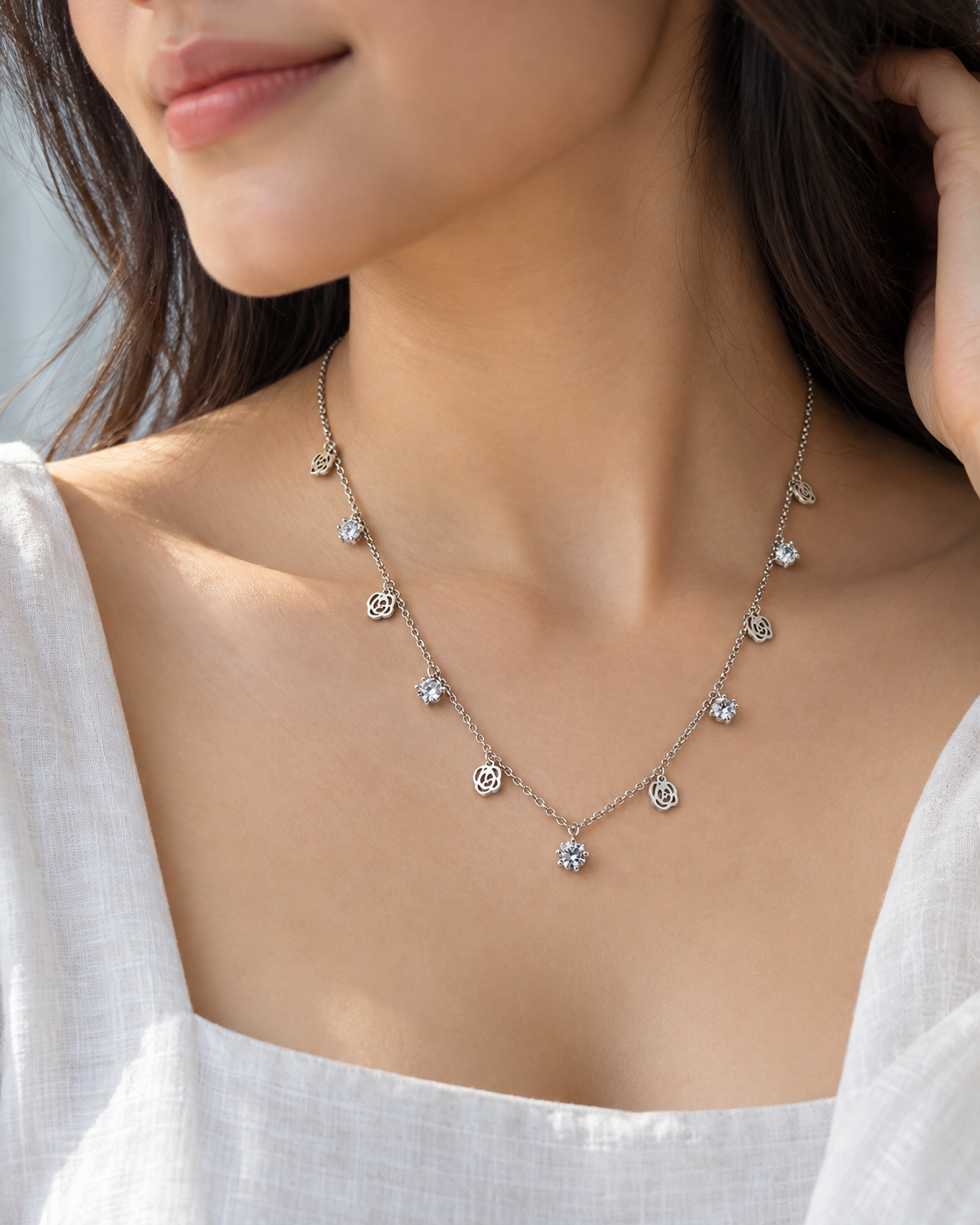 Rose & Crystal Station Necklace